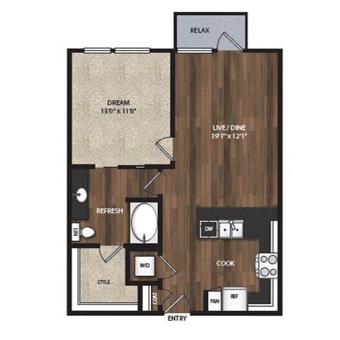 Floor plan for 1 bed, 1 bath, 775 sqft